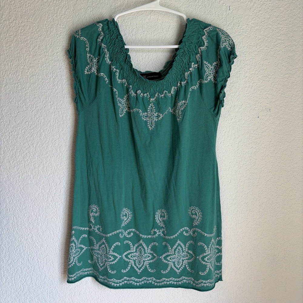 INC Long Bohemian Embroidered Smocked Neck Tunic Top Women's Small - Picture 1 of 6